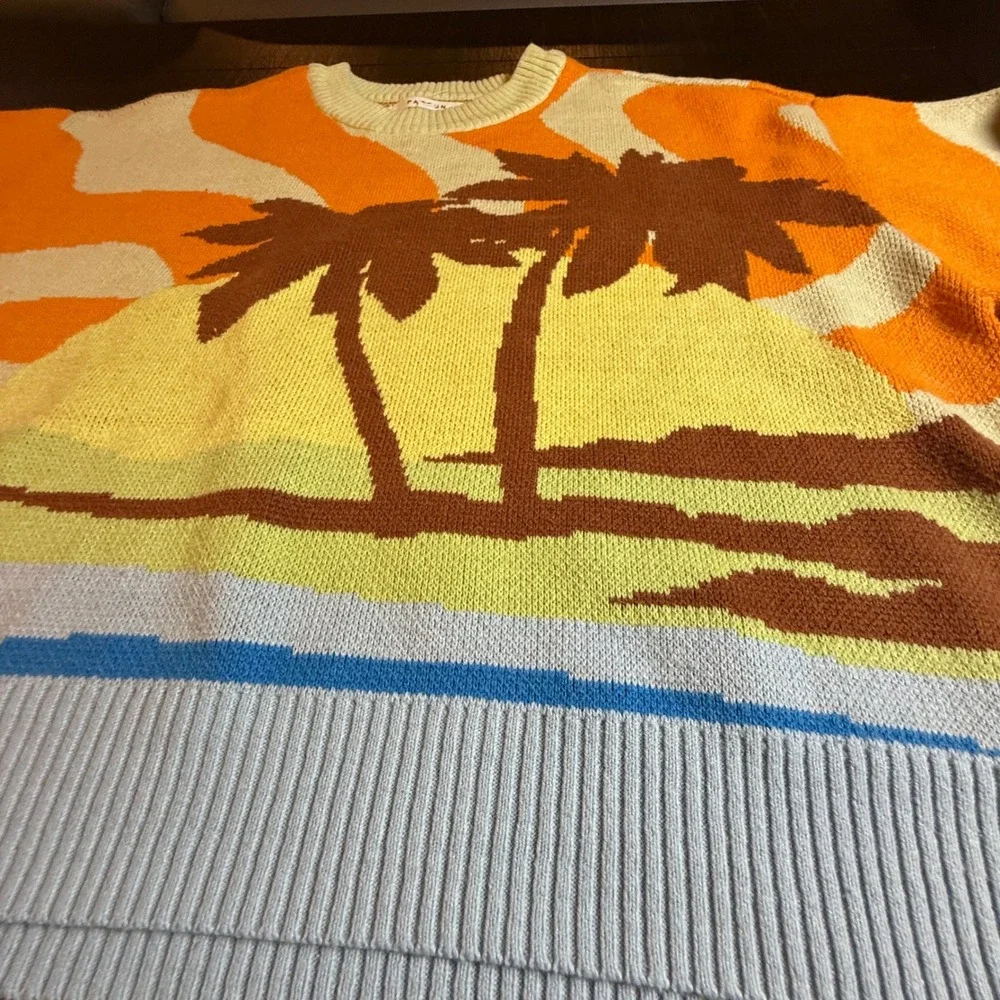 PacSun Tropical Palm Tree Sunset Intarsia Knit Sweater XS Orange Blue Cotton - Picture 3 of 8